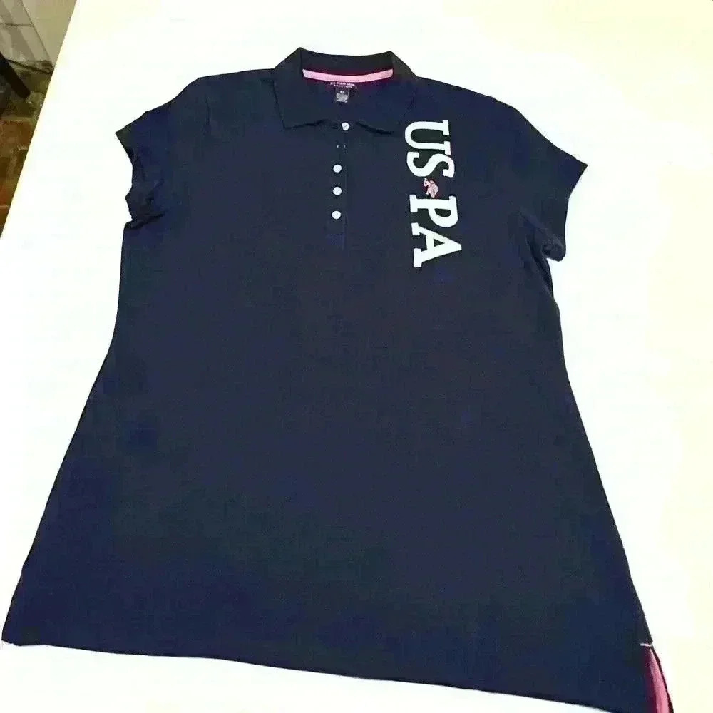 Polo, dk navy & pink, polo shirt XL, pink stitching, embroidered polo logo.